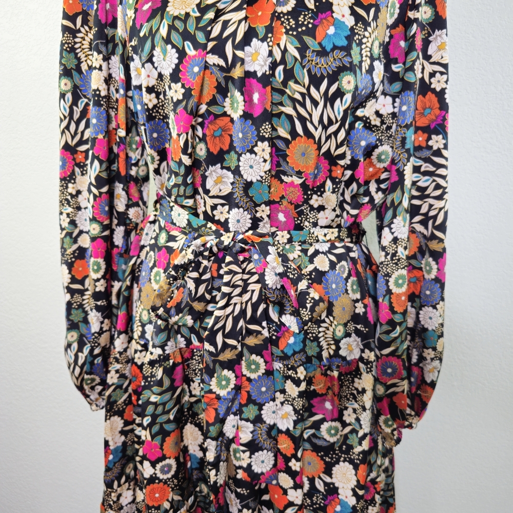 Maia Floral Drop Tie Waist Ruffle Black Long Sleeve Dress 14 - Picture 4 of 13